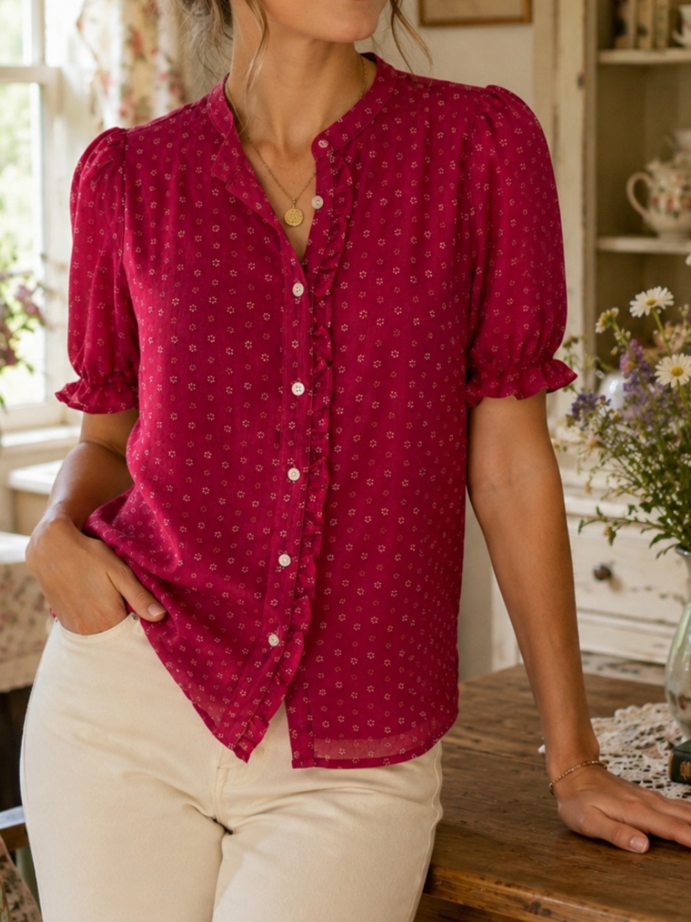 J. Crew Floral Chiffon Crewneck Button-Up Blouse Boho Pink XS